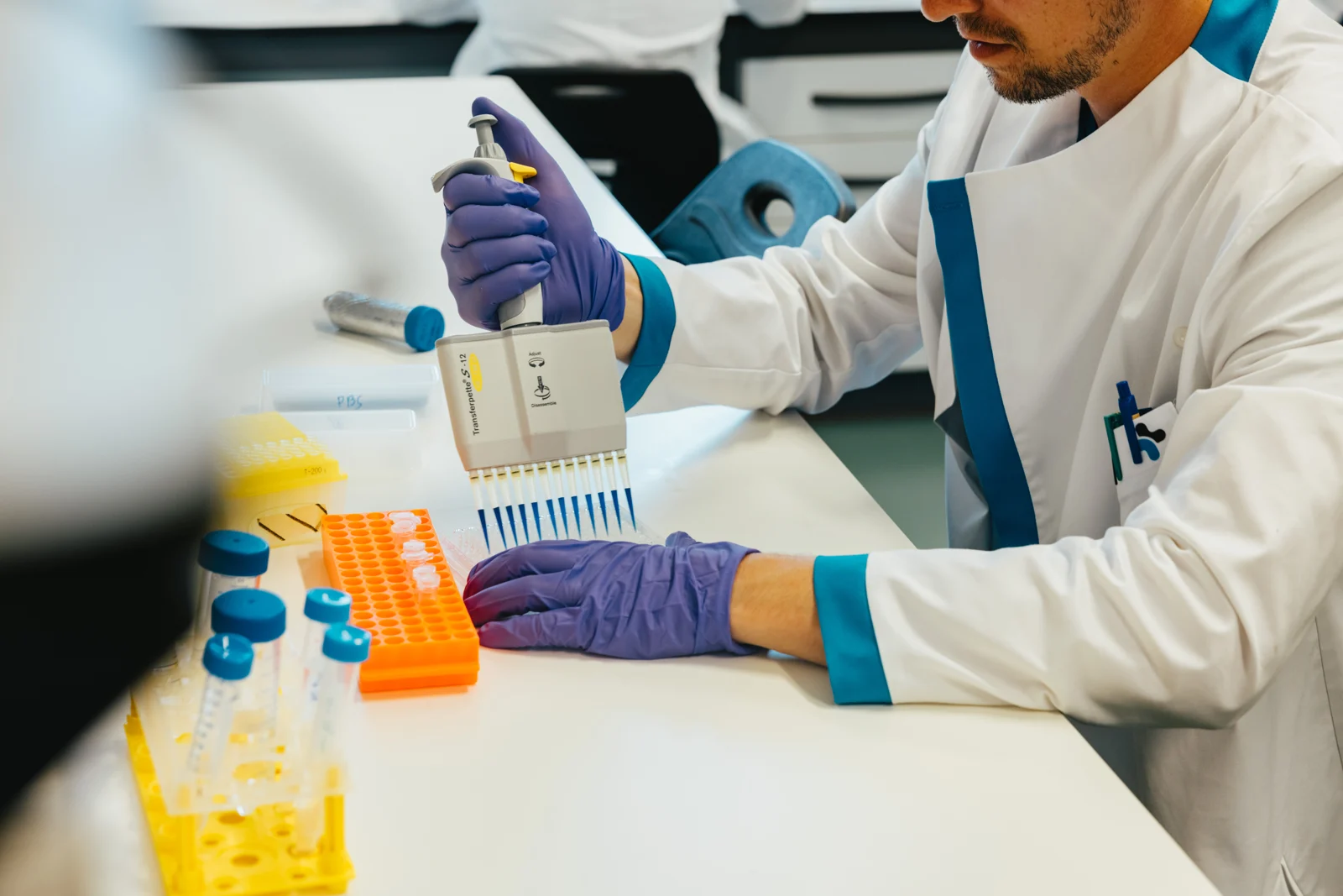Researcher working with a multichannel pipette