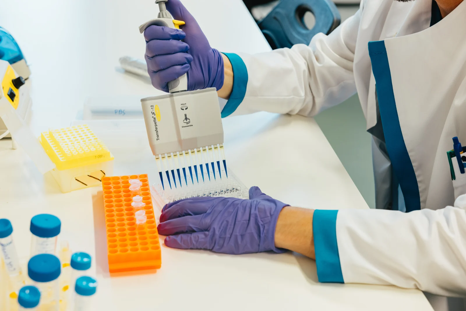 Close-up of pipetting at the laboratory bench
